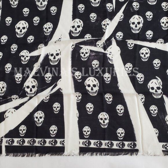 ALEXANDER MCQUEEN SCARF SLASHED SKULL PRINT BLACK WOOL FRINGE UNISEX - Picture 11 of 16